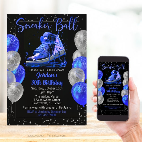 EDITABLE Black Royal Blue and Silver Sneaker Ball Party Invitation, Birthday Party invite, Glitter Evite, Digital Invitation Template