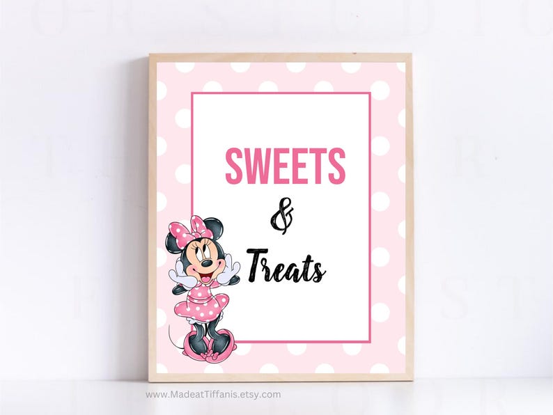May include: Pink and white polka dot sign with a cartoon image of Minnie Mouse. The sign says "Sweets & Treats".