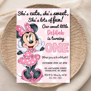 EDITABLE Minnie Mouse 1st Birthday Invitation, 1st Bday, first birthday, 1 year old, light pink polka dot