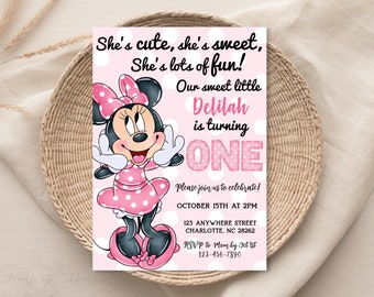 EDITABLE Minnie Mouse 1st Birthday Invitation, 1st Bday, first birthday, 1 year old, light pink polka dot
