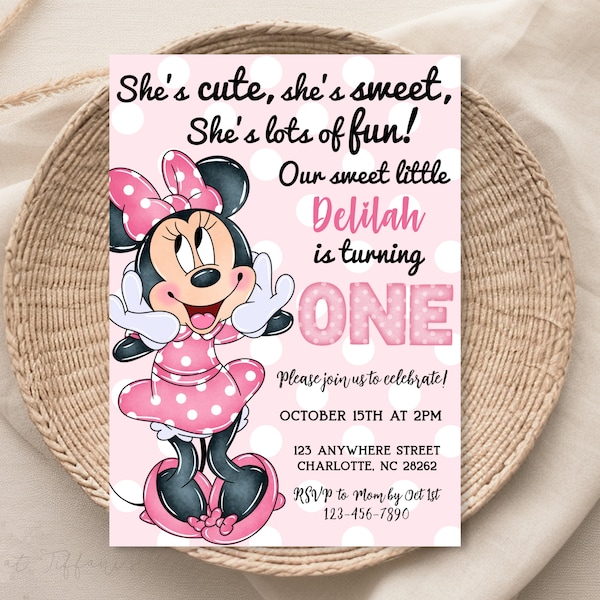 EDITABLE Minnie Mouse 1st Birthday Invitation, 1st Bday, first birthday, 1 year old, light pink polka dot