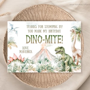 Tarjeta de agradecimiento editable con diseño de dinosaurio, fiesta de cumpleaños de dinosaurio T Rex para niño, tres Rex, 3.º, 4.º, 5.º, 6.º, 7.º, 8.º, 9.º, 10.º cumpleaños, descarga digital