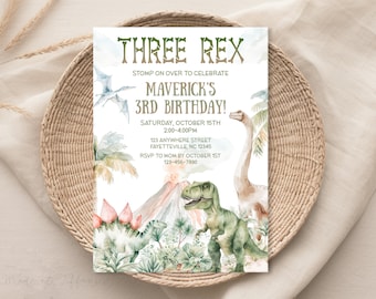 Editable Three Rex Dinosaur Birthday Invitation, T Rex Dino Birthday Party for Boy, 3rd Bday Invite, Mobile evite, Digital Download