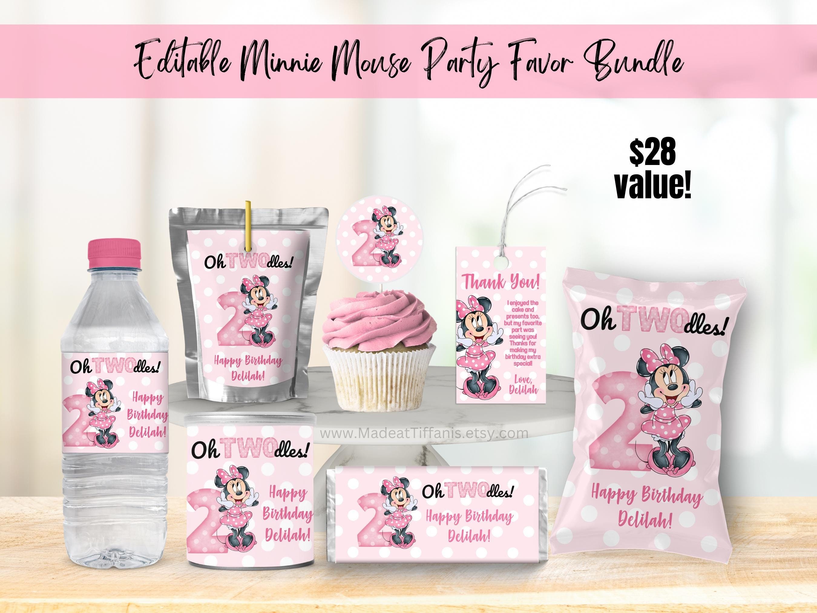 EDITABLE Oh TWOdles Minnie Mouse Birthday Party Favor Bundle, 2nd Bday, second birthday, water bottle, juice, cupcake, chip, chocolate label