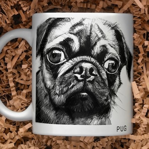 Pug Lover 11oz Mug, perfect gift for dog mom, dad, dog lover, features a realistic black & white portrait, celebrate your fur kid