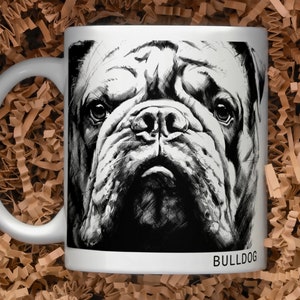 Bulldog Lover 11oz Mug, perfect gift for dog mom, dad, dog lover, features a realistic black & white portrait, celebrate adoption of fur kid