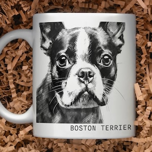 Coffee Mug for Boston Terrier Dog Lover, perfect gift for dog mom, dad, dog lover, mug features a realistic black and white portrait of dog