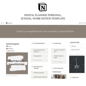 Può includere: Un modello di planner digitale per compiti personali, scolastici e lavorativi. Il modello è progettato per aiutare gli utenti a chiarire la loro visione, pianificare con precisione e raggiungere i loro obiettivi. Il modello include sezioni per la navigazione rapida, i compiti, gli orari settimanali e un pannello di visione.