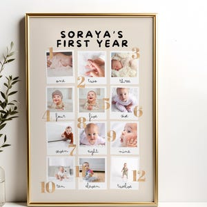 Geschenk zur Geburt | Geschenkidee 1. Geburtstag | Digitales Poster Baby erstes Jahr – Canva Fotovorlage | Personalisiert | 12 Monatsfotos