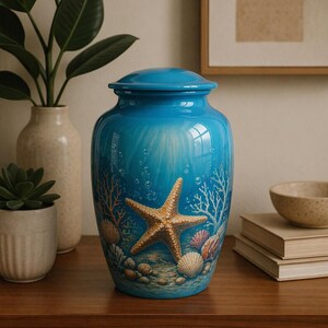 Pode incluir: Urna de cerâmica azul com tampa, com uma cena subaquática. O design inclui uma estrela-do-mar, conchas, corais e bolhas. A urna é um item decorativo para homenagear um ente querido.