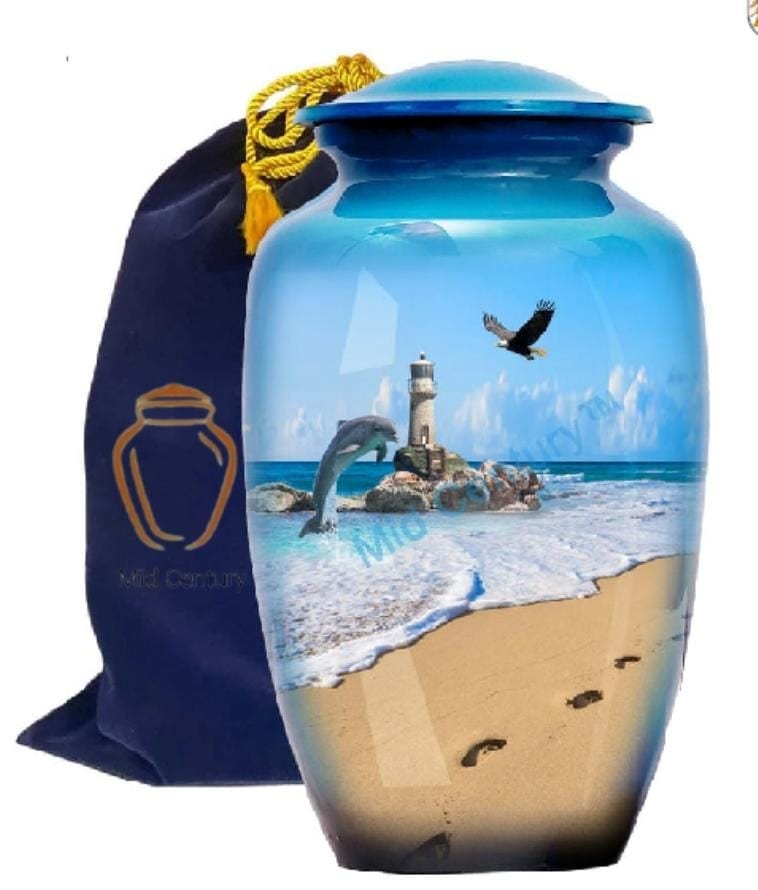 Mid Century footprints lighthouse eagle dolphin urn large size 10x6.5 inch