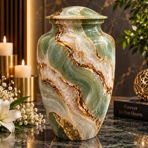 May include: A decorative urn featuring a polished green and white marbled stone finish with prominent gold-toned veining throughout the body. The vessel has a rounded silhouette, a tapered base, and a matching removable lid with a smooth, curved top.