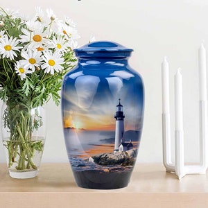 Lighthouse Urn, Lighthouse  Urn for Ashes, Handcrafted Lighthouse Memorial Urn, Handmade Adult Cremation Urn with Velvet Bag 10x6.5 inch