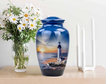 Lighthouse Urn, Lighthouse  Urn for Ashes, Handcrafted Lighthouse Memorial Urn, Handmade Adult Cremation Urn with Velvet Bag 10x6.5 inch