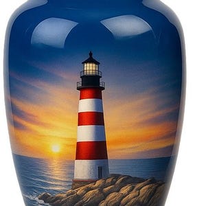 Peut inclure: Urne en céramique bleue avec couvercle, ornée d'une scène côtière. Le motif représente un phare à rayures rouges et blanches, sur fond de coucher de soleil sur l'océan. Objet décoratif.