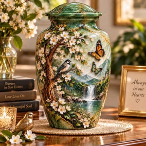 May include: A green decorative urn featuring a raised relief design of a flowering tree with white blossoms, a small bird perched on a branch, two butterflies, a waterfall, and a mountain landscape. The urn has a matching lid and a smooth finish.