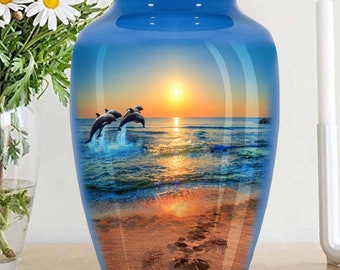 Footprints Dolphin Ocean Blue Cremation Urn for Human Ashes -Adult Funeral Urn Handcrafted Affordable Urn for Ashes Adult -200 lbs-10 x 6.5&quot;