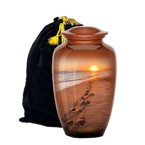 Footprints Urn, Footprints Cremation Urn for Ashes, Hand Painted Adult Beach Urn, Handmade Beach Cremation Urn with Velvet Bag (Large)