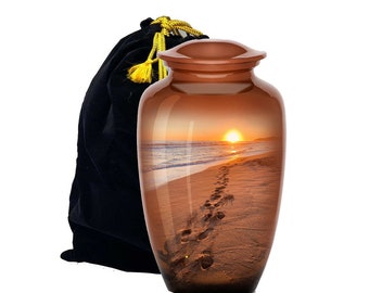 Footprints Urn, Footprints Cremation Urn for Ashes, Hand Painted Adult Beach Urn, Handmade Beach Cremation Urn with Velvet Bag (Large)