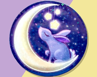 Moon Bunny Sticker – Celestial Animal Art, Holographic Vinyl Decal