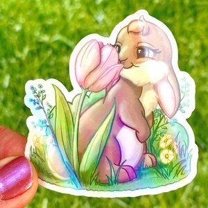 Frühlingshäschen Aufkleber rosa Tulpe und Wildblumen Hase Kinder Geschenk und Erwachsene