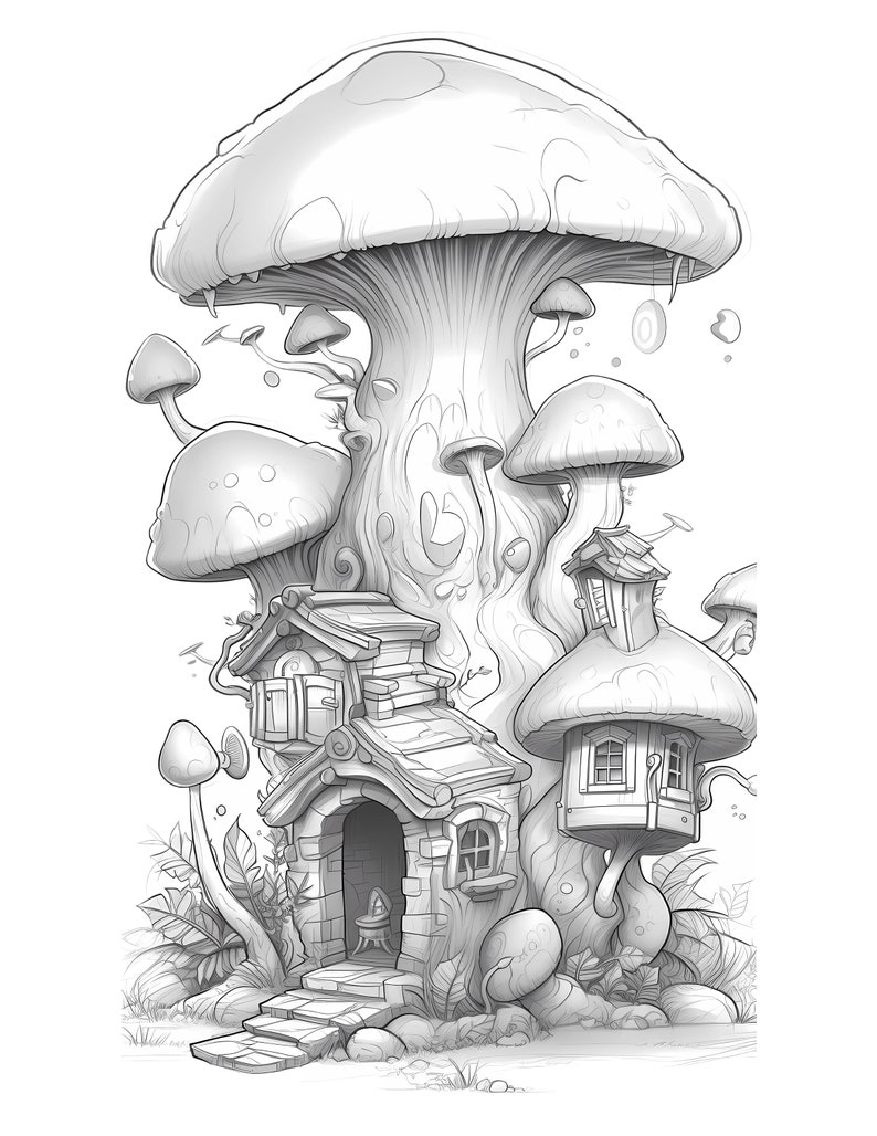 10 Mushroom House Coloring Pages Printable for Adults: Escape into a Whimsical World