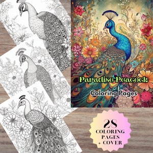 28  Paradise Peacock Coloring Pages, for Adults and Kids, Instant Download, Grayscale Coloring Book, Printable PDF, Birds, Nature