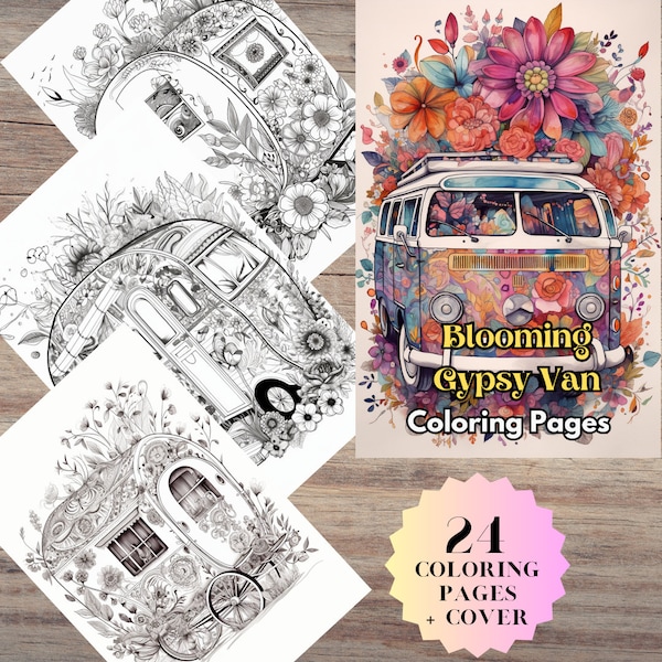 24 Gypsy van Coloring Pages - Adult And Kids Coloring Book, Digital Coloring Sheets, Instant Download, Printable PDF File