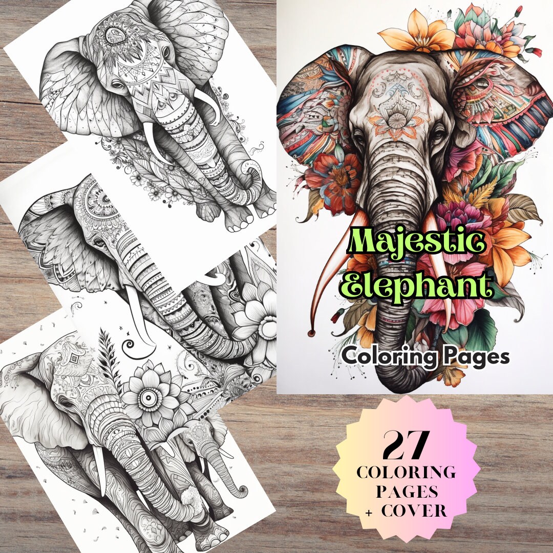 27 Elephant Coloring Pages Adults and Kids Coloring Book, Digital ...