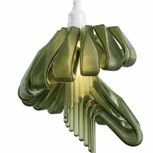 May include: A pendant light fixture featuring a series of olive green, translucent, curved plastic elements arranged in a layered, cascading structure around a central white bulb socket and a white cord extending from the top.