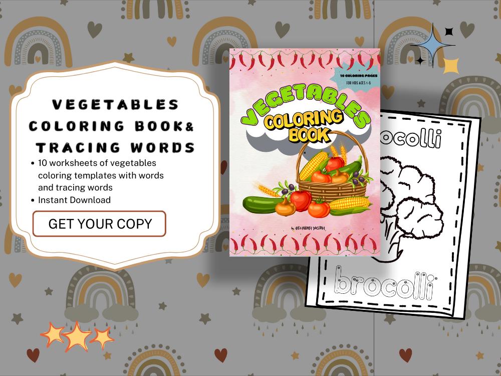 Vegetables coloring book & tracing words | printable coloring book | trace words | coloring book for kids | digital coloring book