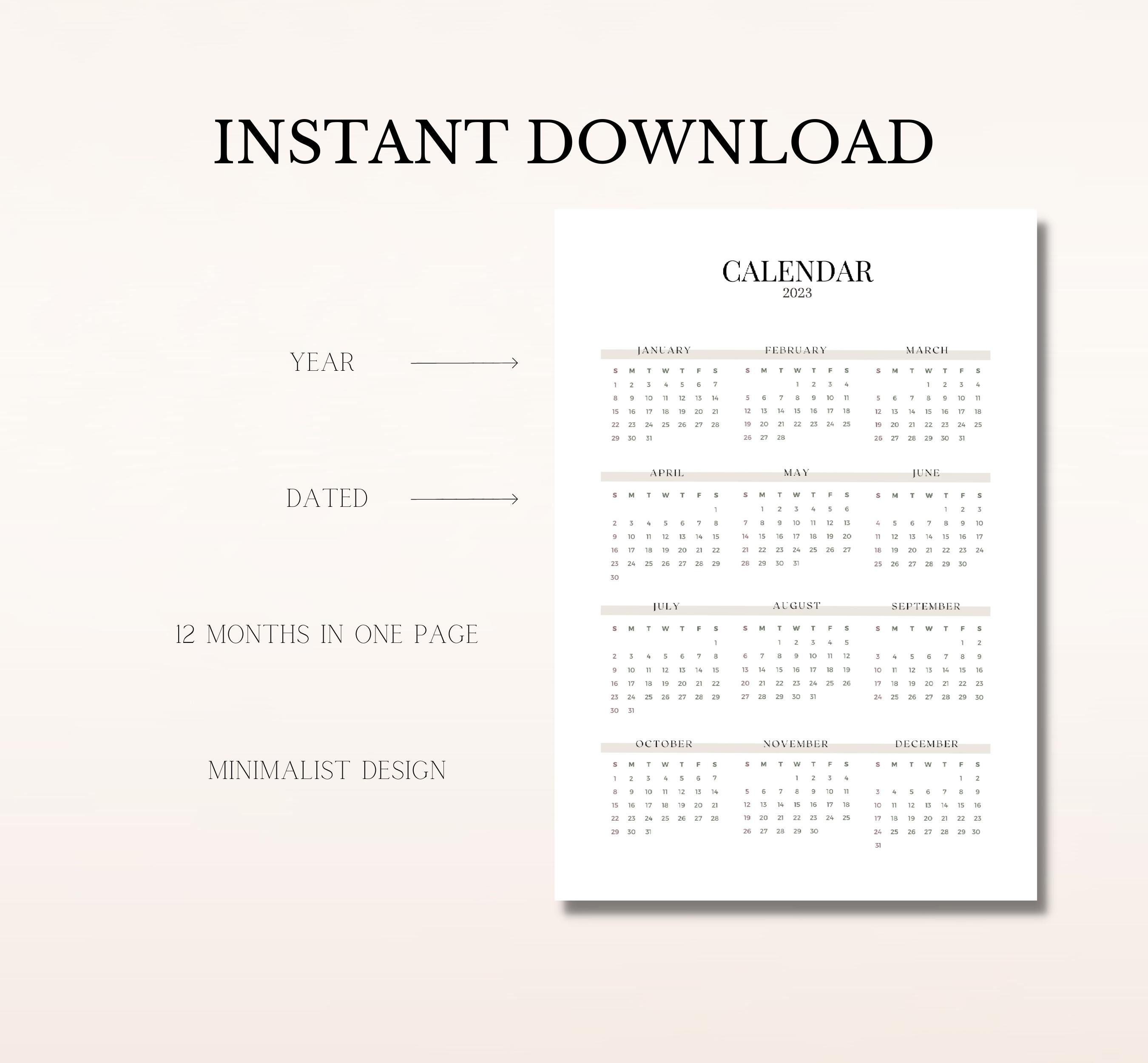 2023 Yearly Calendar | Printable 2023 Calendar | A5 Planner Inserts ...