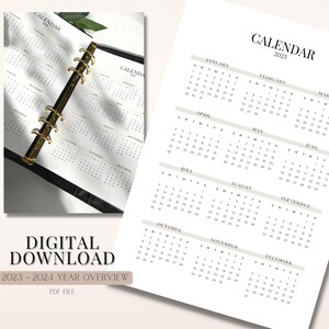 2023 Yearly Calendar | Printable 2023 Calendar | A5 Planner Inserts |  Year at a Glance Calendar | Downloadable Planner | PDF