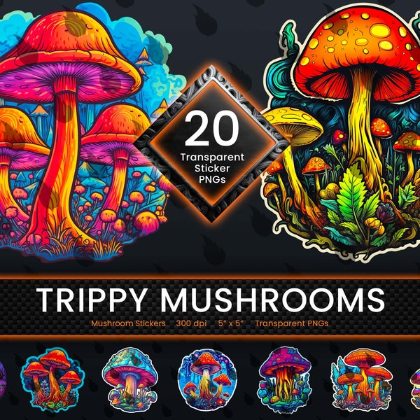 Psychedelic Mushroom Clipart Pack - Vibrant and Trippy Shroom Artwork