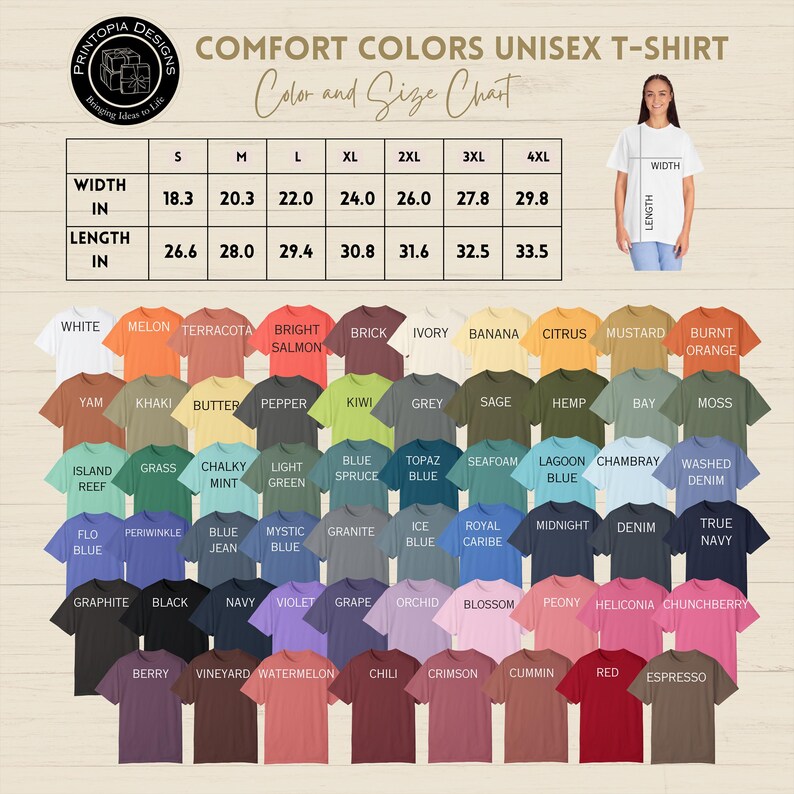 Pu&ograve; includere: Una tabella colori e taglie per t-shirt unisex Comfort Colors. La tabella mostra una variet&agrave; di colori, tra cui bianco, melone e blu navy, con taglie dalla S alla 4XL. Le misure di larghezza variano da 46,5 a 75,7 cm e le misure di lunghezza variano da 67,6 a 85,1 cm.