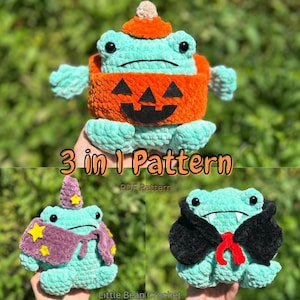 Może przedstawiać: Turkusowa szydełkowa żaba w pomarańczowym kostiumie dyni, fioletowym stroju jednorożca i czarnej pelerynie wampira. Obraz zawiera tekst "3 in 1 Pattern" i "PDF Pattern".