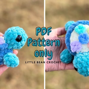 May include: A crocheted turtle in shades of blue, with a multi-colored shell. The text "PDF Pattern only" and "LITTLE BEAN CROCHET" are visible. The turtle has black eyes and is made of a soft, textured yarn.