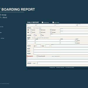 May include: A daily boarding report form with a dark blue background and cream-colored document. The form includes sections for meals, water, meds, potty, rest, play, mood, incidents, and pickup. Text includes DAILY BOARDING REPORT, Card + SMS recap, Printable PDF + Word, 4x6, SMS, and OPS.