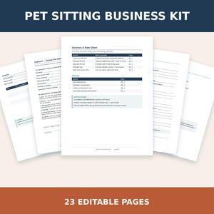 Peut inclure: Un kit professionnel de garde d'animaux comprenant 23 pages modifiables. Les documents présentent des en-têtes et du texte bleu foncé, incluant une facture, un contrat de garde simple, ainsi qu'une fiche de services et tarifs avec options.