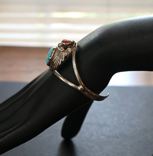 Navajo fannie Platero Sterling Silver Cuff Bracelet W/ Red Coral