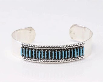 Zuni signed (Arnold Yazzie) Sterling Silver & Turquoise Petit Point Cuff Bracelet Needle-Elegant Zuni 7 wearable inches in circumference