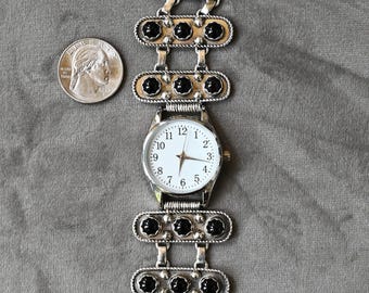 Dames Navajo-horlogearmband van Lolita Platero sterlingzilver en onyx 48 gram 7 1/4 inch draagbaar met nieuw horloge 18 onyx edelstenen