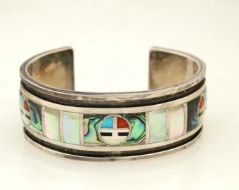 Sun Face Zuni Tribe signed E & P Quam Turquoise, Onyx, MOP, Coral and Sterling Cuff Bracelet 77 grams! 6 5/8&quot; wearable circumference 1&quot; wide