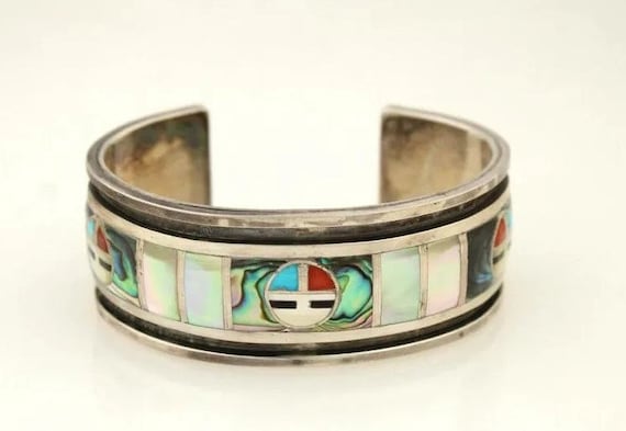 Important Edward Pablita Native American Zuni Turquoise Sterling Silver Inlay Bracelet Old Important Edward Pablita Native American Zuni Turquoise Sterling Silver Inlay Bracelet Old
