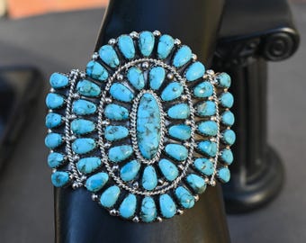 Large New Authentic Navajo Cuff by D Benally Sterling Silver & Sleeping Beauty Turquoise Cuff 48.2 grams 7&quot; wearable 50 gems! 2 1/2&quot; tall