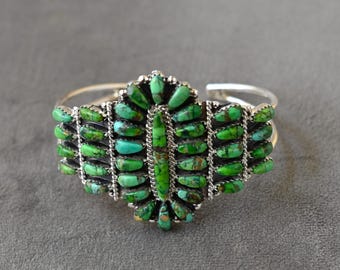 New Authentic Navajo Cuff by Davin Benally Sterling Silver & Sonoran Gold Turquoise Petit Point Cuff 30 grams 6&quot; to 7.25&quot; wearable 41 stones