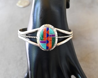 Nieuwe Peterson Chee Navajo Tribe Multi-edelsteen en sterlingzilveren manchet 6 1/2 tot 7 inch draagbaar 24,6 gram naadloze inlegsel van edelstenen