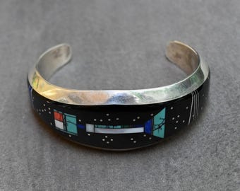 WAUW! Navajo-artiest Clayton Tom-manchetarmband Celestial Starry Night Sky Scene multi-edelsteen inlegwerk en sterling 6,75"-pasvorm met opening 45,6 gram