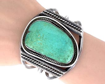 Big Navajo-manchet van Jessie Claw, gemerkt sterlingzilver en Fox Mine Turquoise 73 gram! 6 3/4" draagbaar met opening van 2 1/4" hoog!