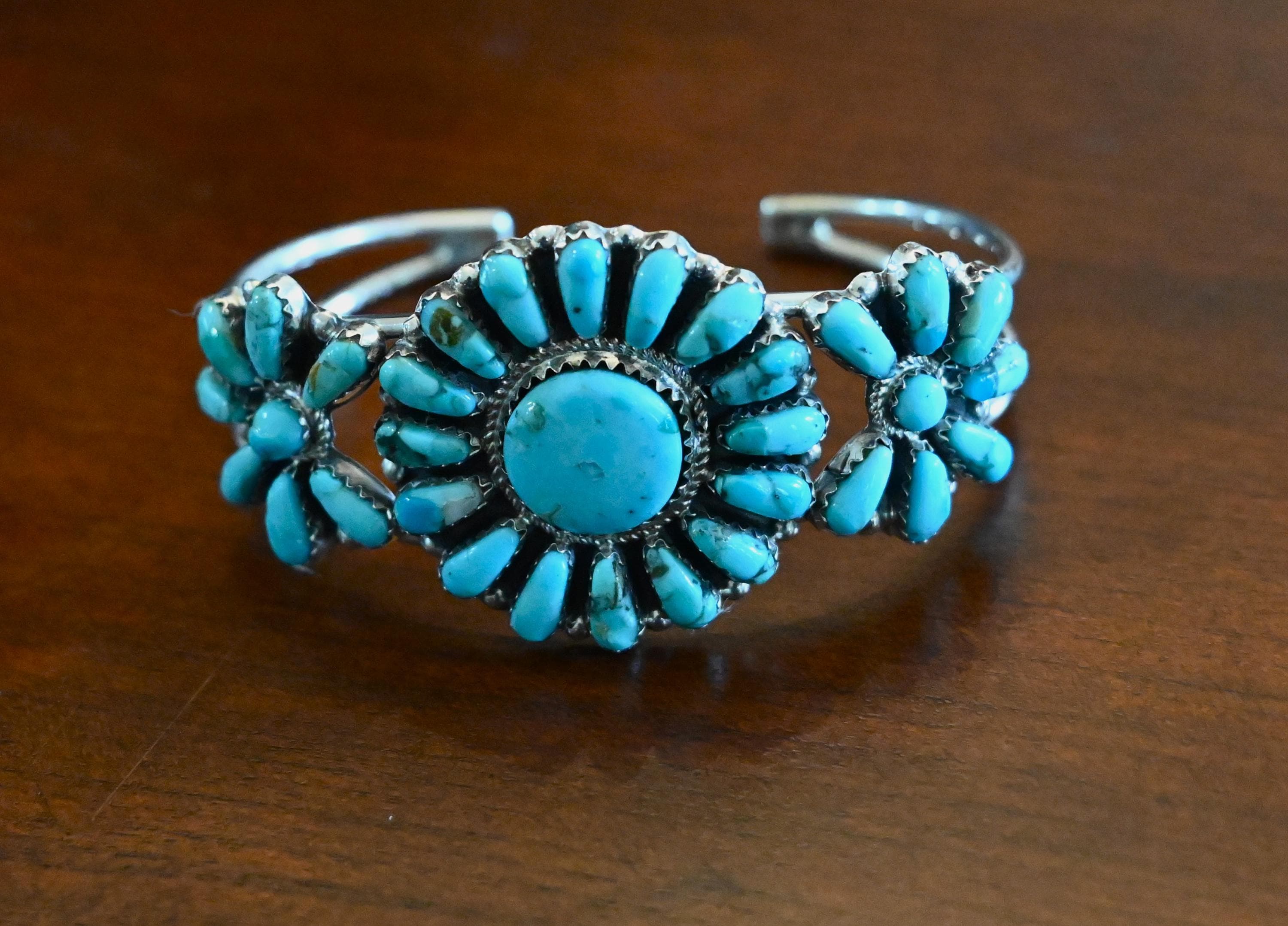 New Authentic Navajo Cuff by Davin Benally Sterling Silver & Sleeping Beauty Turquoise Petit Point Cuff 23 grams 6 1/2" wearable 31 stones